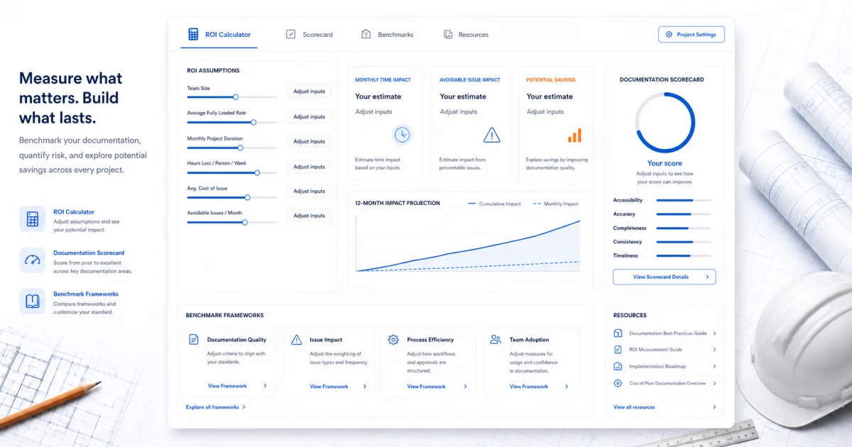 Adjustable construction software ROI and project documentation scorecard dashboard without proprietary statistics