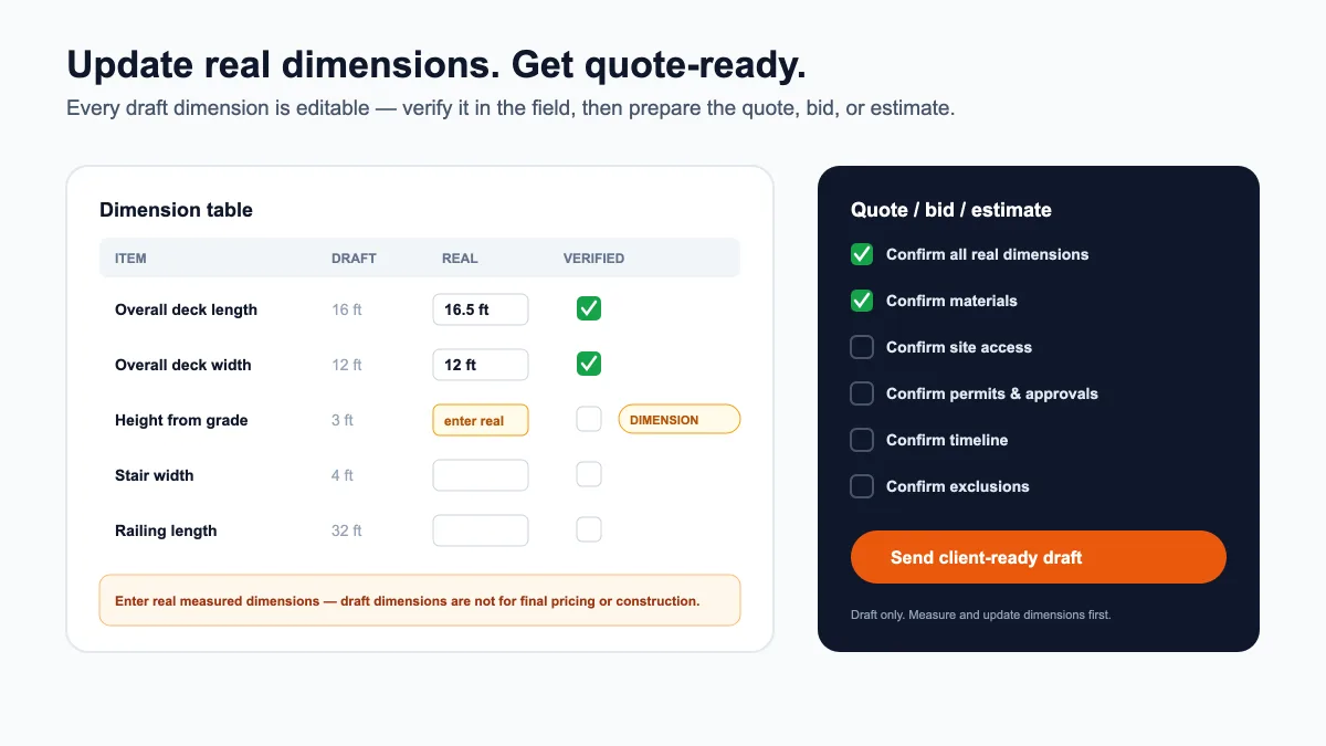 Dimension table with draft dimensions, editable real dimension fields, and verified checkboxes next to a quote, bid, and estimate checklist