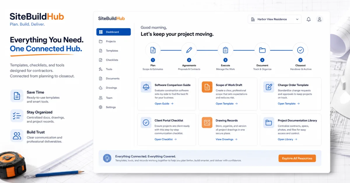 SiteBuildHub contractor resource hub connecting templates, checklists, tools, drawings, and project documentation